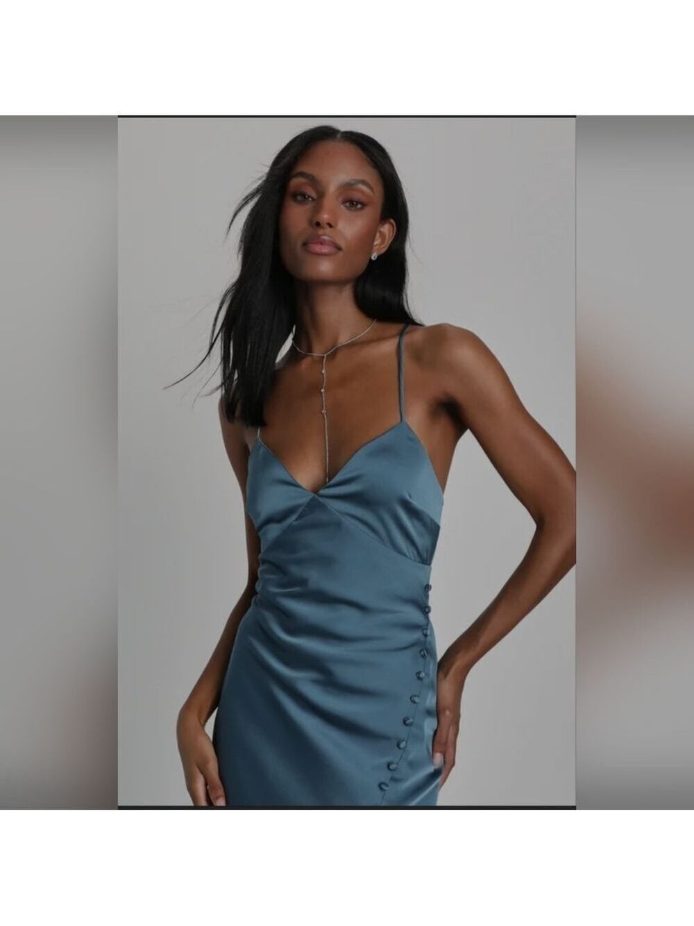 Lulus |  Extraordinary Allure Slate Blue Satin Backless Maxi Dress | Size S - Picture 4 of 7